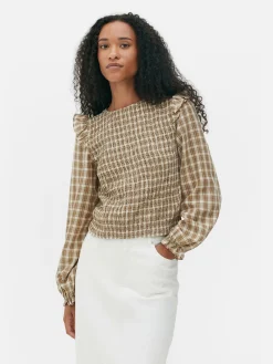 Mujer Primark Camisas Y Blusas|Blusa Fruncida De Cuadros De Manga Larga