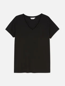 Mujer Primark Tops Y Camisetas|Camiseta Con Cuello De Pico En Mezcla De Algodón