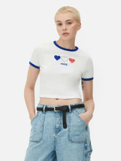 Mujer Primark Tops Y Camisetas|Camiseta Corta Con Ribetes Con El Eslogan «Paris»