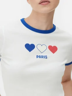 Mujer Primark Tops Y Camisetas|Camiseta Corta Con Ribetes Con El Eslogan «Paris»