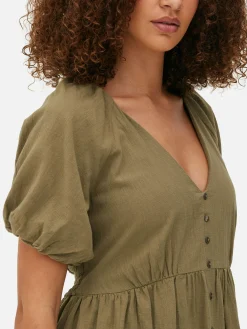 Mujer Primark Vestidos|Vestido Con Vuelo, Cuello De Pico Y Mangas Abullonadas