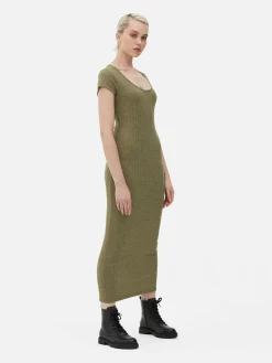 Mujer Primark Vestidos|Vestido Midi De Canalé Con Escote Amplio