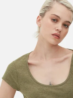 Mujer Primark Vestidos|Vestido Midi De Canalé Con Escote Amplio