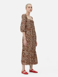 Mujer Primark Vestidos|Vestido Midi De Leopardo Con Escote Cuadrado